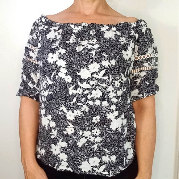 Michael Kors Tops - Michael Kors Black and White Floral Off the Shoulder Crop Top, Medium